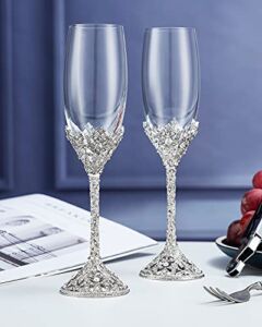 Jozen Gift Champagne Flutes – Crystal Glass Metal Base With Crystal Stones, Set of 2 Toasting Flute Pair, Wedding Anniversary Party Birthday Banquets and Gifts for Bride and Groom7oz