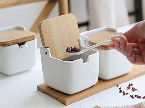 Lawei 3 Pack Ceramic Spice Jar with Lid and Spoon, Square Porcelain Condiment Jar Salt and Pepper Containers with Wooden Tray, White Pottery Cruet Pot for Sugar Bowls, Serving Tea, Coffee, Spice, Home | The Storepaperoomates Retail Market - Fast Affordable Shopping