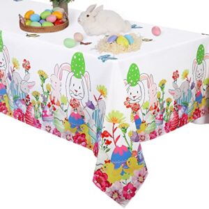 MCEAST Easter Bunny Tablecloth Polycotton Easter Spring Floral Tablecovers Oilproof Rectangular Easter Rabbits Table Cover for Dining Table, Indoor or Outdoor Use