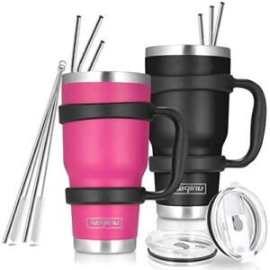 30oz Tumbler , 2 Packs Stainless Steel Double Wall Vacuum Insulated Tumbler Travel Mug With 8Pcs Reusable Straw, 2Pcs Slider Lid, Cleaning Brush, 2Pcs Handles (Black + Rose)