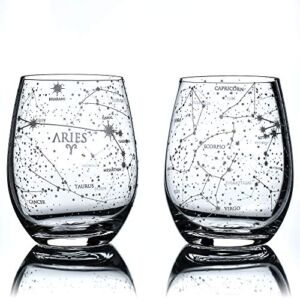 Greenline Goods Aries Stemless Wine Glasses Zodiac Aries Set Hand Etched 15 oz (Set of 2) – Astrology Sign Glassware