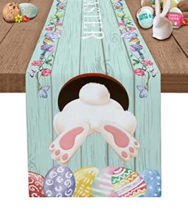 HELLOWINK Happy Easter Bunny Tail Egg Table Runners 13x70inch, Farmhouse Rustic Wood Cotton Linens Table Cloth Dresser Scarves for Parties Wedding, Coffee/Dinning Table Runner, Home Decorations