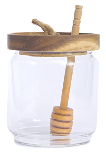 Honey Jar Pot Glass Holder Dispenser Set with Wooden Dipper Stick and Acacia Lid Cover for Home Kitchen, Clear, Modern Honey Syrup Glass Container for Storage Gift, Honey Pot and Drizzler (14 Oz) | The Storepaperoomates Retail Market - Fast Affordable Shopping
