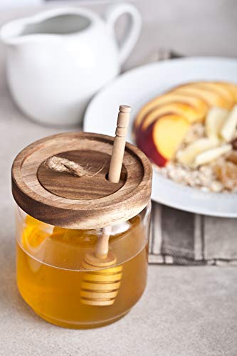 Honey Jar Pot Glass Holder Dispenser Set with Wooden Dipper Stick and Acacia Lid Cover for Home Kitchen, Clear, Modern Honey Syrup Glass Container for Storage Gift, Honey Pot and Drizzler (14 Oz) | The Storepaperoomates Retail Market - Fast Affordable Shopping