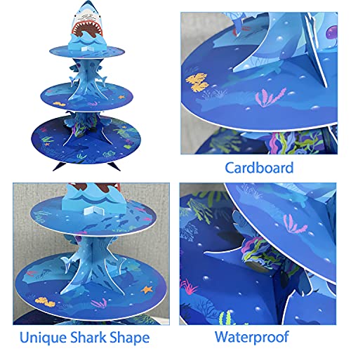 3 Tiers Shark Cardboard Cupcake Stand Birthday Party Supplies, Cupcake Dessert Cupcake Holder with 24pcs Cupcake Toppers for Kids Boys Girls Ocean Birthday Party, Baby Shower, Shark Party Decorations | The Storepaperoomates Retail Market - Fast Affordable Shopping