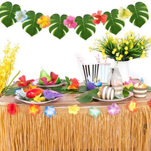 Sharlity Luau Table Skirts for Hawaiian Party Decorations, Luau Party Supplies with 9ft Tropical Raffia Grass Table Skirt, Tiki Palm Leaves and Hibiscus Flowers (Gold)