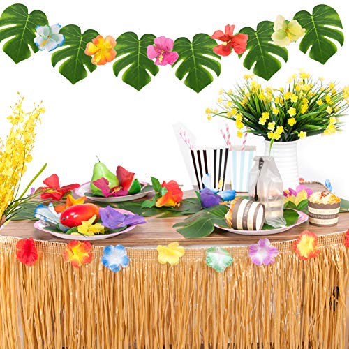 Sharlity Luau Table Skirts for Hawaiian Party Decorations, Luau Party Supplies with 9ft Tropical Raffia Grass Table Skirt, Tiki Palm Leaves and Hibiscus Flowers (Gold) | The Storepaperoomates Retail Market - Fast Affordable Shopping