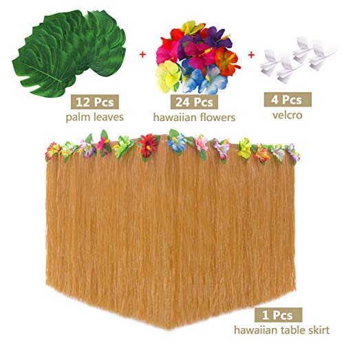 Sharlity Luau Table Skirts for Hawaiian Party Decorations, Luau Party Supplies with 9ft Tropical Raffia Grass Table Skirt, Tiki Palm Leaves and Hibiscus Flowers (Gold) | The Storepaperoomates Retail Market - Fast Affordable Shopping