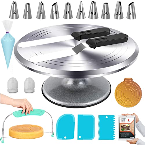 RFAQK 50PCs Cake Turntable Set -12″ Aluminum Revolving Cake Stand- Professional Cake Decorating Supplies Kit with Straight & Offset Icing Spatula-Numbered Icing Tips & Bags- Cake Leveler | The Storepaperoomates Retail Market - Fast Affordable Shopping