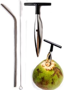 Ken’s CocoMon Coconut Opener Tool + Stainless Straw for Fresh GREEN Young Fruit Black Rubber Handle EZ Easy Grip SAFE with Stainless Steel Drinking Straws (1 CocoMon + 1 Straw)