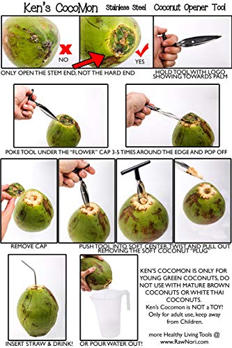 Ken’s CocoMon Coconut Opener Tool + Stainless Straw for Fresh GREEN Young Fruit Black Rubber Handle EZ Easy Grip SAFE with Stainless Steel Drinking Straws (1 CocoMon + 1 Straw) | The Storepaperoomates Retail Market - Fast Affordable Shopping