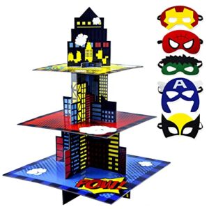 Superhero Party Supplies Cake Stand Superhero Party Favors Cupcake Stand for Kid’s Birthday Party Decorations+ Masks