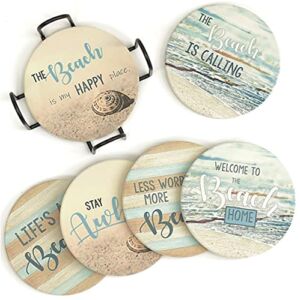 PANCHH Beach Coastal & Ocean Sea Tropical Theme Coasters for Drinks , Kitchen Decor and Gifts for Beach House and Home Beach Bars – Coasters for Wooden Table – Set of 6 with Holder , Absorbent