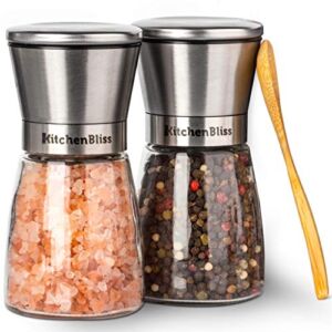 Professional Salt and Pepper Grinder Set – Premium Stainless Steel Salt and Pepper Shakers with Ceramic Spice Grinder Mill for Adjustable Coarseness – Added Bonus a Bamboo spoon and a Cleaning Brush.