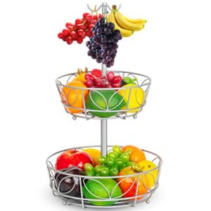 Auledio 2-Tier Countertop Fruit Vegetables Basket Bowl Storage With Triple Banana Hanger, Silver