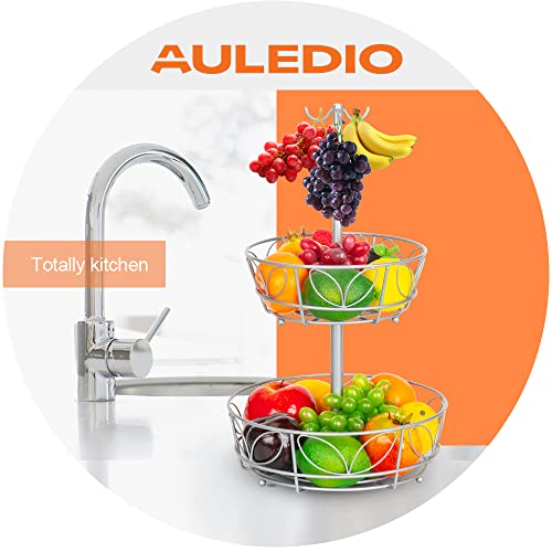 Auledio 2-Tier Countertop Fruit Vegetables Basket Bowl Storage With Triple Banana Hanger, Silver | The Storepaperoomates Retail Market - Fast Affordable Shopping