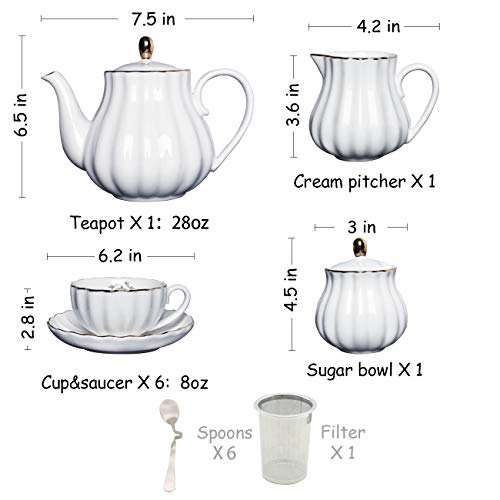 Porcelain Tea Sets British Royal Series, 8 OZ Cups& Saucer Service for 6, with Teapot Sugar Bowl Cream Pitcher Teaspoons and tea strainer for Tea/Coffee, Pukka Home (Pure White) | The Storepaperoomates Retail Market - Fast Affordable Shopping