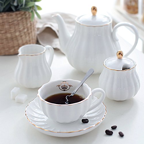 Porcelain Tea Sets British Royal Series, 8 OZ Cups& Saucer Service for 6, with Teapot Sugar Bowl Cream Pitcher Teaspoons and tea strainer for Tea/Coffee, Pukka Home (Pure White) | The Storepaperoomates Retail Market - Fast Affordable Shopping