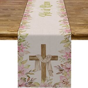 Pudodo He is Risen Table Runner Easter Christian Cross Resurrection Lily Spring Holiday Party Kitchen Dinning Home Decoration (13″ x 72″)
