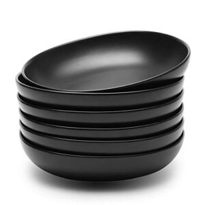 Teocera Wide and Shallow Porcelain Salad and Pasta Bowls Set of 6 – 24 Ounce Microwave and Dishwasher Safe Serving Dishes, Matte Black