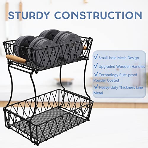 2 Tier Fruit Basket for Kitchen, Tiered Fruit Basket Kitchen Countertop Organizer, Bread Vegetable Storage Wire Metal Bowl with Banana Hanger Holder Stand, Detachable Counter Decor Black Farmhouse | The Storepaperoomates Retail Market - Fast Affordable Shopping