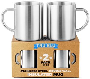 Stainless Steel Coffee Mug Set of 2 – 14 oz Premium Double Wall Insulated Travel Mugs – Shatterproof, BPA Free, Dishwasher Safe