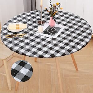 smiry Checkered Table Cloth Cover, Elastic Fitted Flannel Backed Vinyl Tablecloth for 36″-44″ Round Tables, Waterproof Wipeable Buffalo Plaid Table Cover for Picnic Party, Black and White