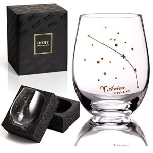 HOHY Aries Wine Glass Aries Gift Golden 20oz, Aries Stemless Wine Glasses, Constellation Glass Define Design, Horoscope Gift, Astrology Gift for Women Men