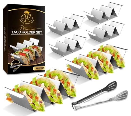 Taco Holder Stand – Set of 6 – Dishwasher & Oven Safe Taco Stand With Bonus Serving Tongs – Stainless Steel Taco Racks With Handles – Taco Trays by Western Home Goods | The Storepaperoomates Retail Market - Fast Affordable Shopping