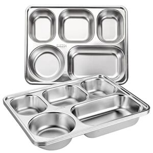 Tebery 3 Pack Stainless Steel Rectangular Divided Plates Tray, 5 Sections Dinner Plates for Adults ,Kids, Picky Eaters, Campers, and Portion Control