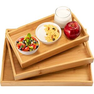 3 Pack Bamboo Serving Tray Food Tray with Handles, Multi-Use Platter Trays Set for Food, Coffee, Breakfast, Tea, Snack, Wooden Decor Tray Used in Kitchen, Dining Room, Party, Restaurants by Pipishell