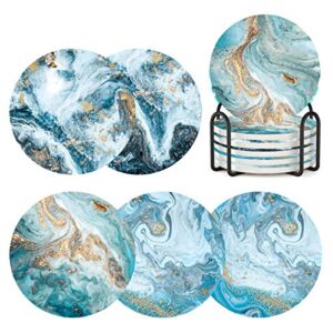 Coasters for Drinks with Holder Set of 6,Marble Blue Ocean Style Absorbent Ceramic Coasters with Cork Base,No Scratched and Soiled