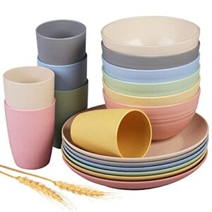 Insetfy Wheat Straw Dinnerware Sets, Plates Bowls Cups Sets of 6, Unbreakable Lightweight Plastic Camping Dinnerware for Kids,Dishwasher & Microwave Safe, 18 pcs