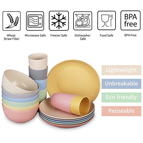 Insetfy Wheat Straw Dinnerware Sets, Plates Bowls Cups Sets of 6, Unbreakable Lightweight Plastic Camping Dinnerware for Kids,Dishwasher & Microwave Safe, 18 pcs | The Storepaperoomates Retail Market - Fast Affordable Shopping