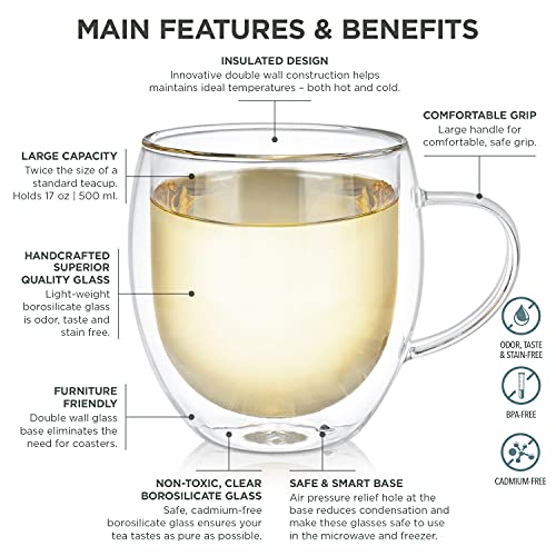 Teabloom Oversized Insulated Borosilicate Glass Mugs (17 oz / 500 ml) – Set Includes 2 Mugs + 2 Blooming Teas – Premium Quality Microwave Safe Glasses | The Storepaperoomates Retail Market - Fast Affordable Shopping