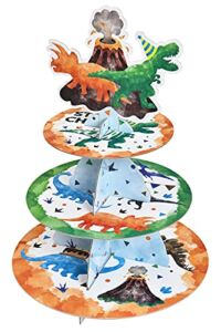 Watercolor Dinosaur Cupcake Stand – Dinosaur Birthday Party Decorations for Kids Boys 3-Tier Cardboard Cupcake Stand Holder Round Serving Tray Stand Dessert Tower Dino Theme Party Supplies