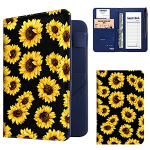 Server Book for Waitress Book Organizer,Upgraded 9 Pockets PU Leather Waiter Wallet,Server Books with Zipper Pocket, Guest Check Holder Serving Book Fit Server Waitress Apron-Sunflowers