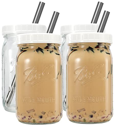 Bubble Tea Cups 4 Pack 32oz, Reusable Wide Mouth Glass Smoothie Cups, Iced Coffee Cups With White Lids and Silver Straws Mason Jars Glass Cups, Travel Glass Drinking Bottle Mason Jar | The Storepaperoomates Retail Market - Fast Affordable Shopping