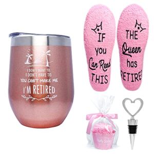 Valporia Retirement Gifts for Women 2022 Insulated Wine Tumbler with Sayings + If You Can Read This Socks + Wine Stopper for Women Birthday Gifts for Women Rose Gold Stainless Steel Xmas Gifts