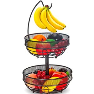 Fruit Basket, Auledio Fruit Bowl 2 Tier Fruit Basket for Kitchen, Fruit Bowl for Kitchen Counter, Detachable Fruit Holder with Banana Hanger