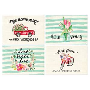 Artoid Mode Watercolor Stripes Spring Flowers Truck Placemat for Dining Table, 12 x 18 Inch Truck Bicycle Holiday Rustic Washable Table Mat Set of 4