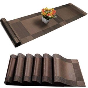 Placemats with Table Runner Sets Place Mats, Woven Crossweave Placemat Vinyl Kitchen Tablemat, Washable PVC Table Mats for Dining Table, Parties, Farmhouse, Thanksgiving, Christmas & Gathering (Brown)