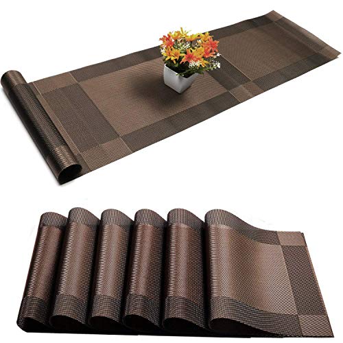 Placemats with Table Runner Sets Place Mats, Woven Crossweave Placemat Vinyl Kitchen Tablemat, Washable PVC Table Mats for Dining Table, Parties, Farmhouse, Thanksgiving, Christmas & Gathering (Brown) | The Storepaperoomates Retail Market - Fast Affordable Shopping