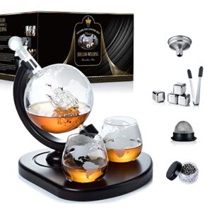 Whiskey Decanter Set,Globe Decanter,Whiskey Gifts for Men Husband Him Boyfriend Dad Women,with 2 Glasses,Beads,4 Ice Cubes,Tong & Funnel,Beverage Drink Dispenser,for Whisky,Liquor,Wine,Brandy,Cognac