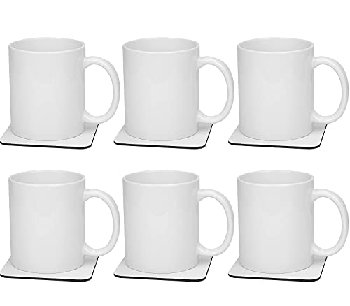 Set of 6 White Sublimation Blank Coffee Mugs+6PCS Sublimation Cup Coaster, 11oz Tea Chocolate Ceramic Cups- DIY Porcelain Classic Mug | The Storepaperoomates Retail Market - Fast Affordable Shopping