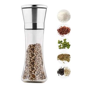Salt and Pepper Grinders with Silicon Stand – Tall Salt and Pepper Shakers with Ceramic Spice Grinder Mill for Adjustable Coarseness – Brushed Stainless Steel and Glass Body Mill Set