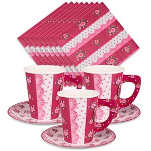 Royal Bluebonnet Rose Tea Party Decorations – 24 Paper Tea Cups, Plates, and Napkins – Disposable Tea Party Set for Hot & Cold Drinks for Birthday, Baby Shower, Wedding, Princess Little Girls Parties