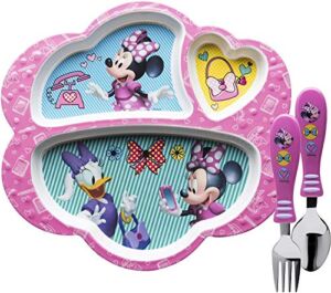Zak Designs Disney Dinnerware Set Includes Melamine 3-Section Divided Plate and Utensil Made of Durable Material and Perfect for Kids, 3 Piece, Minnie Mouse 3pc