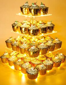 Vdomus 4 Tier Acrylic Cupcake Cake Stand Pastry Stand with LED String Lights Dessert Tree Tower Cake Pyramid for Birthday Wedding Party Babyshower Christmas, Holds up to 50 Cupcakes (Warm)
