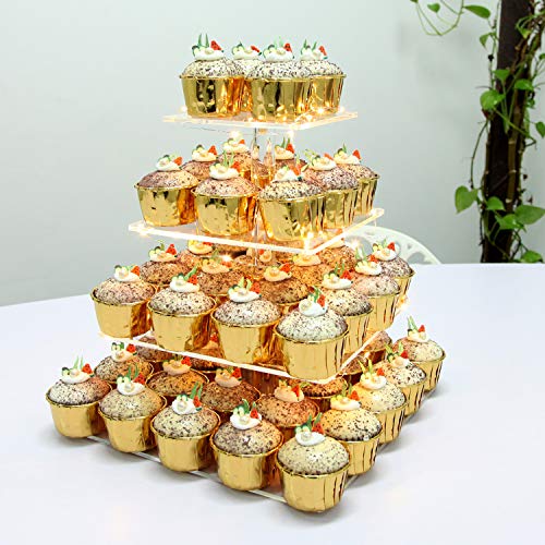 Vdomus 4 Tier Acrylic Cupcake Cake Stand Pastry Stand with LED String Lights Dessert Tree Tower Cake Pyramid for Birthday Wedding Party Babyshower Christmas, Holds up to 50 Cupcakes (Warm) | The Storepaperoomates Retail Market - Fast Affordable Shopping